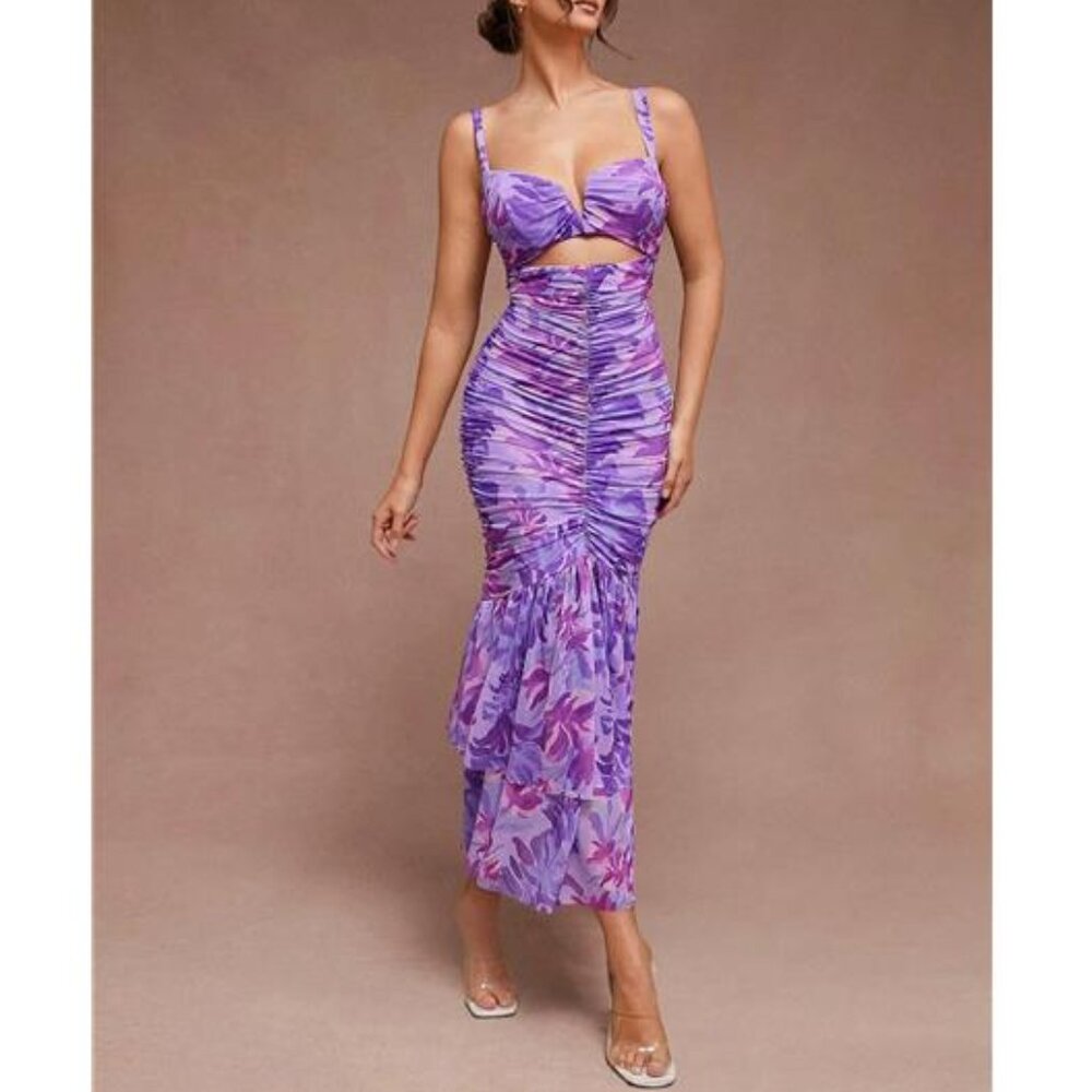 NEW -‎ Elegant Floral Ruched Mermaid Hem With Cutout Details Dress
